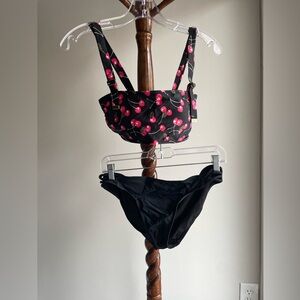 Cherry Print Black Bikini Set